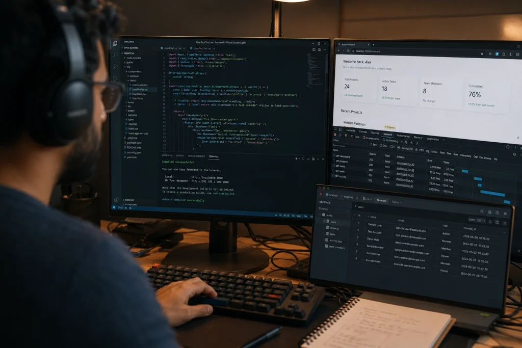 A full stack developer's dual-monitor setup showing a code editor, a running web application, browser developer tools, and a database client open at the same time.