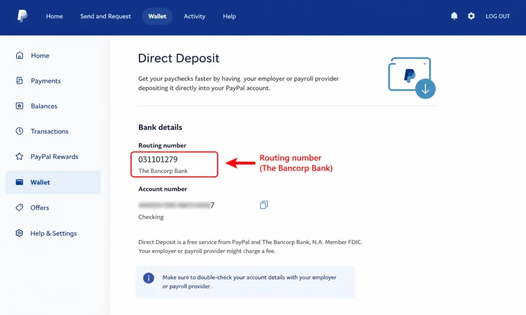 PayPal Direct Deposit screen with the routing number highlighted, showing the bank PayPal uses for deposits