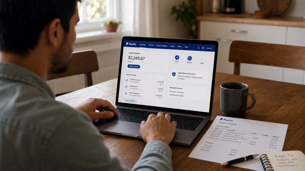 Person reviewing account safety on a laptop, illustrating FDIC pass-through insurance for PayPal balances.