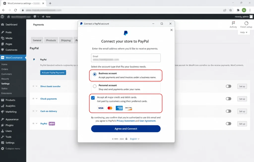 The PayPal connection window in WooCommerce showing the Business account option and card acceptance checkbox.