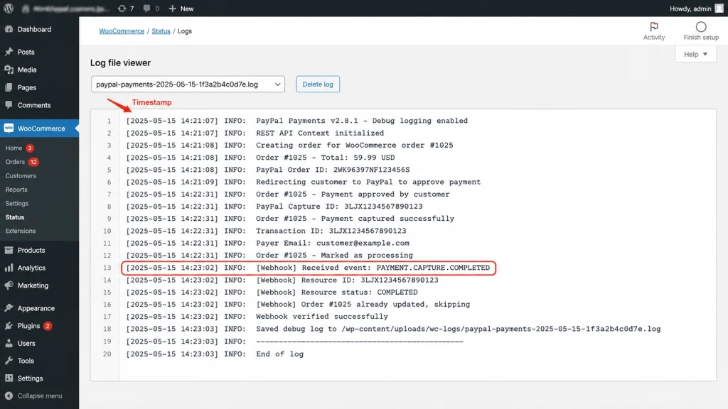 The WooCommerce PayPal debug log showing timestamped webhook entries used to diagnose failed orders.