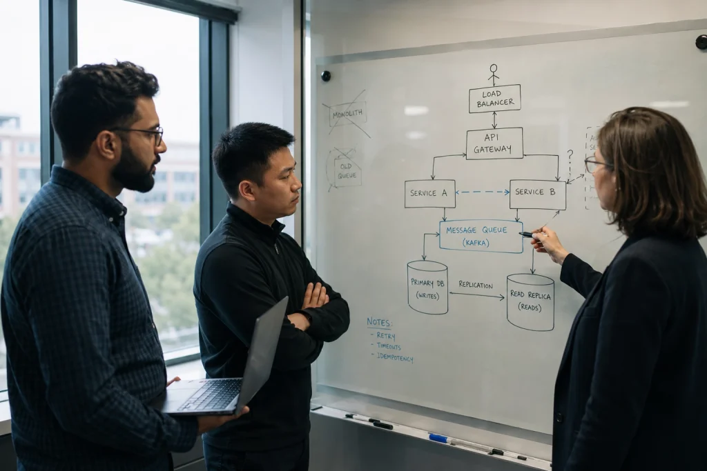 Three engineers reviewing a hand-drawn distributed system architecture on a glass whiteboard, showing services, a message queue, and database replicas during a design discussion.