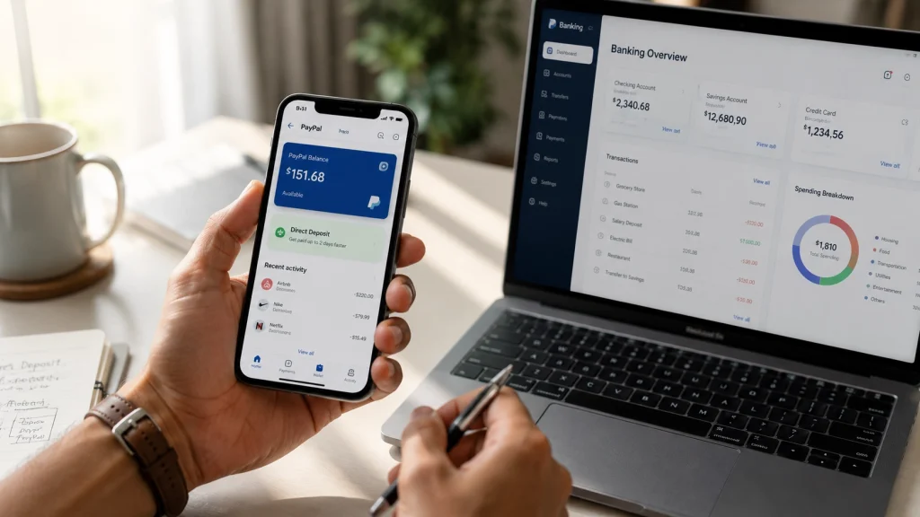 Flat-lay of a phone, a plain debit card and a notepad grouping PayPal products by the bank behind each.