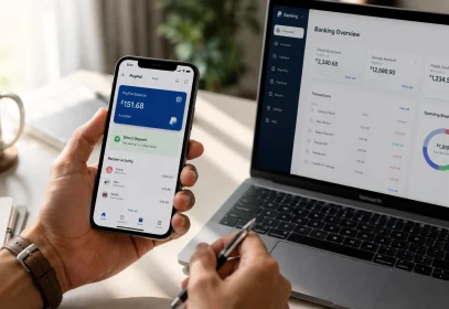 Person checking a digital wallet app on a phone while a laptop shows a bank dashboard, illustrating what bank does PayPal use.