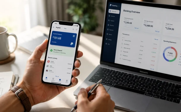 Person checking a digital wallet app on a phone while a laptop shows a bank dashboard, illustrating what bank does PayPal use.