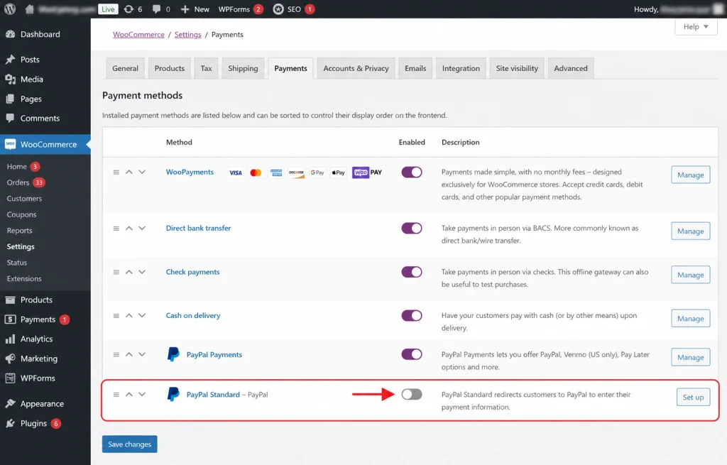The WooCommerce payments settings list showing both the modern PayPal gateway and a legacy PayPal Standard entry.