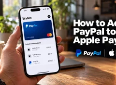 Hand holding an iPhone showing a wallet app with one card and an add-card button, with the heading How to Add PayPal to Apple Pay overlaid
