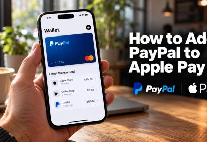 Hand holding an iPhone showing a wallet app with one card and an add-card button, with the heading How to Add PayPal to Apple Pay overlaid