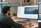 A designer working in a WordPress customizer panel with a live site preview on one screen and a mobile preview on a tablet.