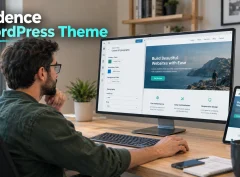 A designer working in a WordPress customizer panel with a live site preview on one screen and a mobile preview on a tablet.