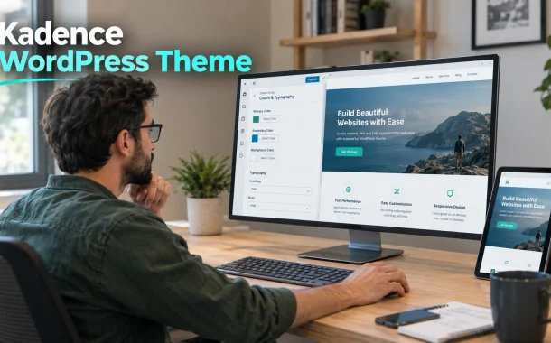 A designer working in a WordPress customizer panel with a live site preview on one screen and a mobile preview on a tablet.