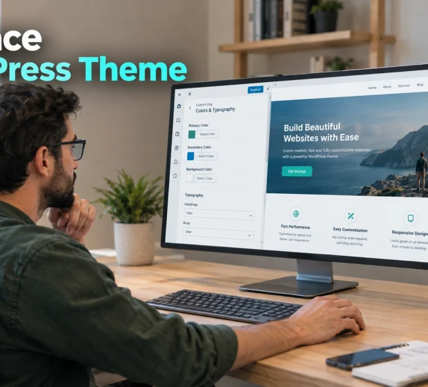 A designer working in a WordPress customizer panel with a live site preview on one screen and a mobile preview on a tablet.