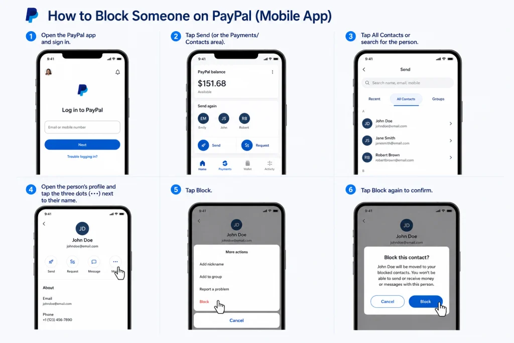 Block Someone/scammer from paypal through smart phone app