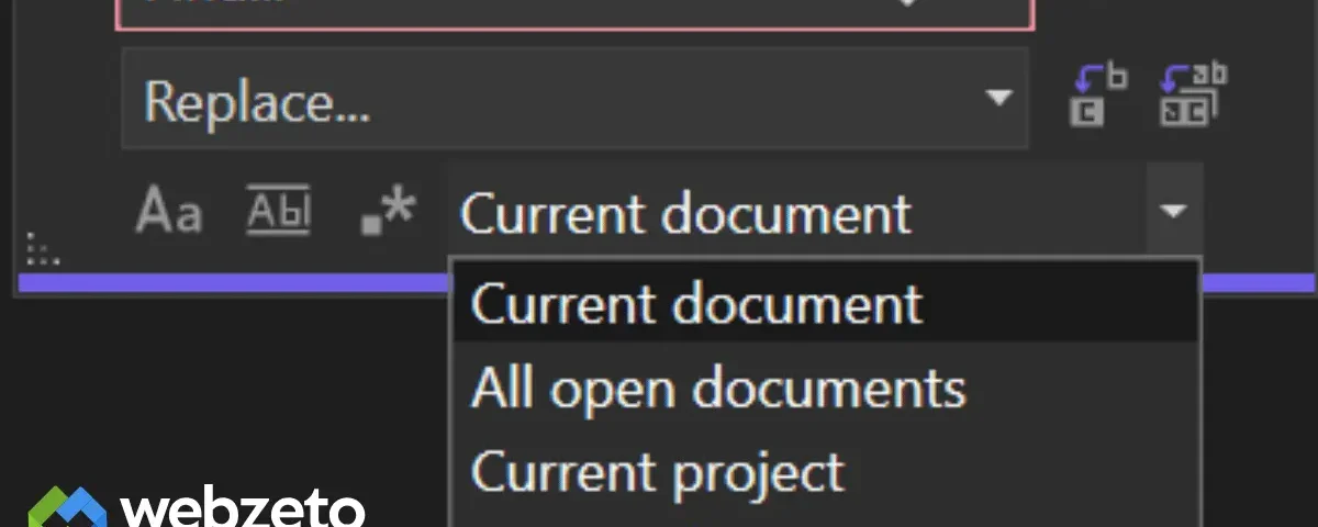 Find and replace menu in vs code