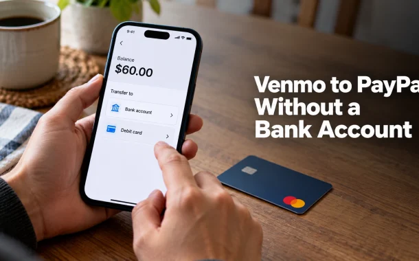 Phone showing a $60 balance with only bank account and debit card as transfer destinations, with the heading Venmo to PayPal Without a Bank Account overlaid