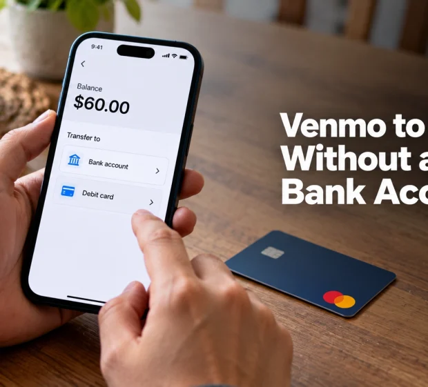Phone showing a $60 balance with only bank account and debit card as transfer destinations, with the heading Venmo to PayPal Without a Bank Account overlaid