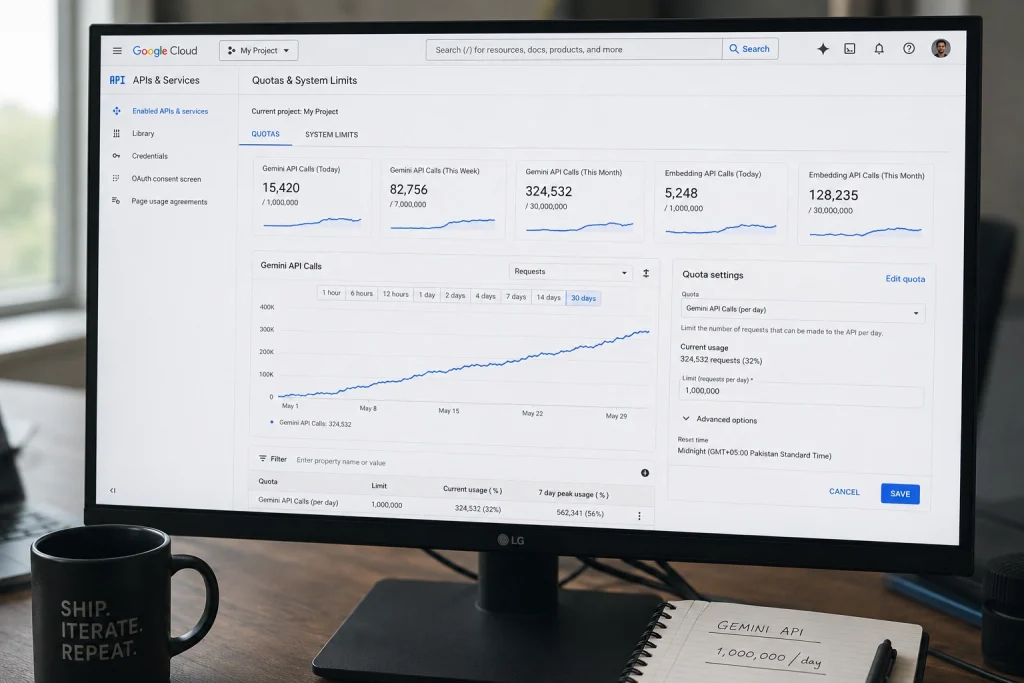 Cloud platform billing and quotas dashboard displayed on a desktop monitor, showing usage charts, quota settings, request limits, and a save button, with a coffee cup and notebook on the desk.