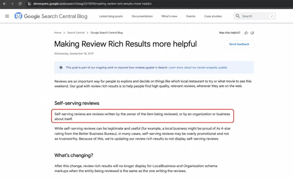Google Search Central blog page explaining self-serving reviews, with the definition highlighted in a red rectangle and the article title and publication date visible.
