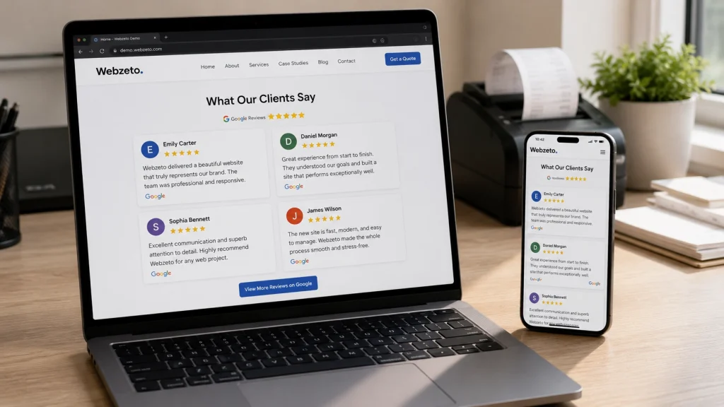 Laptop and smartphone displaying a responsive Google Reviews testimonial section with four five-star customer review cards on a modern website, photographed on a sunlit office desk.