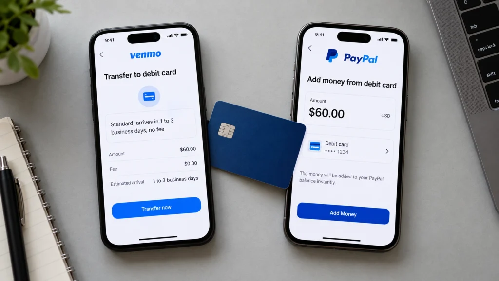 Two payment app screens linked by a single debit card, showing a free standard transfer out and an add money step in