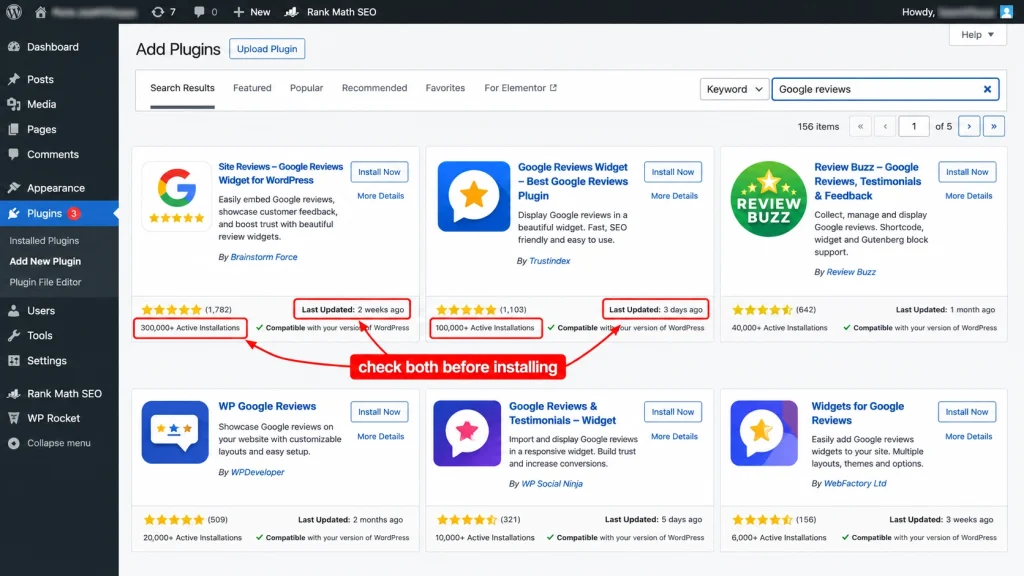 WordPress Add Plugins search results for “Google reviews,” showing multiple plugin cards with star ratings, active installation counts, last-updated dates, and red annotations highlighting installation count and update date.