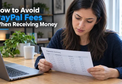 A freelancer at a desk reviewing a payment statement where the processing fee deducted from an incoming payment