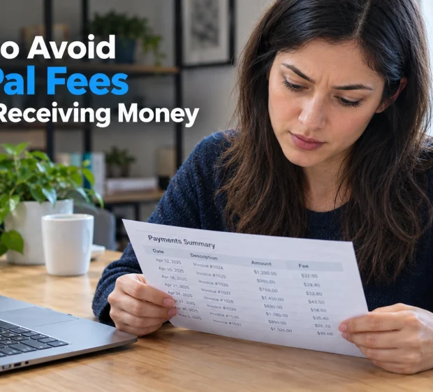 A freelancer at a desk reviewing a payment statement where the processing fee deducted from an incoming payment
