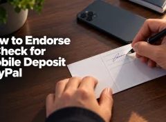 Hands signing the endorsement strip on the back of a check, with the heading How to Endorse a Check for Mobile Deposit PayPal overlaid