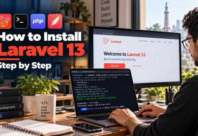 Developer running install commands in a terminal to install Laravel on a laptop.