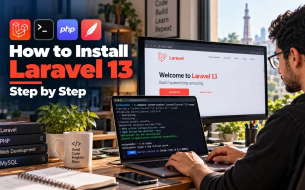 Developer running install commands in a terminal to install Laravel on a laptop.