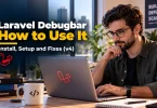 Developer using Laravel Debugbar to inspect a slow page on a laptop.