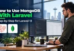 Developer working on how to use MongoDB with Laravel across two monitors.