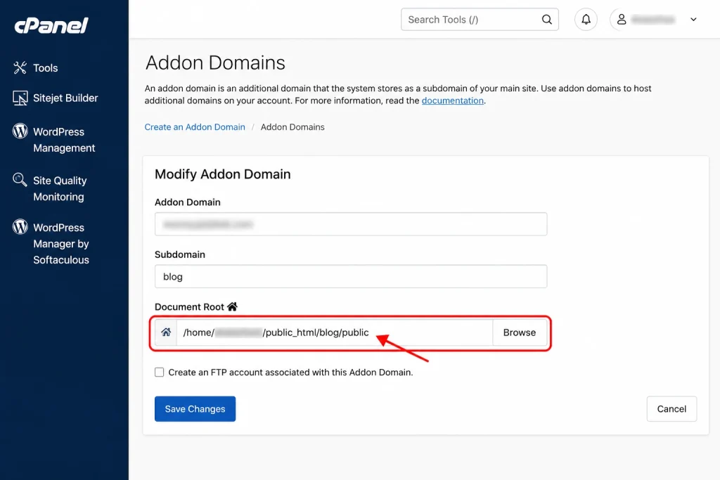 The cPanel document root field for a subdomain pointed at a Laravel public folder.