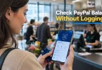 A shopper in a checkout line unlocking a finance app with face recognition to check her PayPal balance before paying.