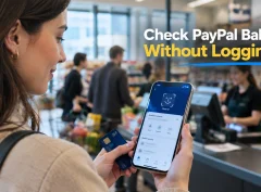 A shopper in a checkout line unlocking a finance app with face recognition to check her PayPal balance before paying.