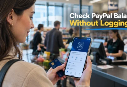 A shopper in a checkout line unlocking a finance app with face recognition to check her PayPal balance before paying.