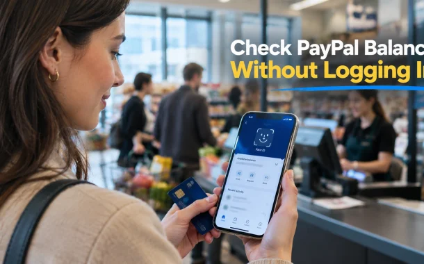A shopper in a checkout line unlocking a finance app with face recognition to check her PayPal balance before paying.