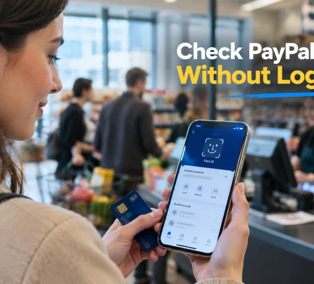 A shopper in a checkout line unlocking a finance app with face recognition to check her PayPal balance before paying.