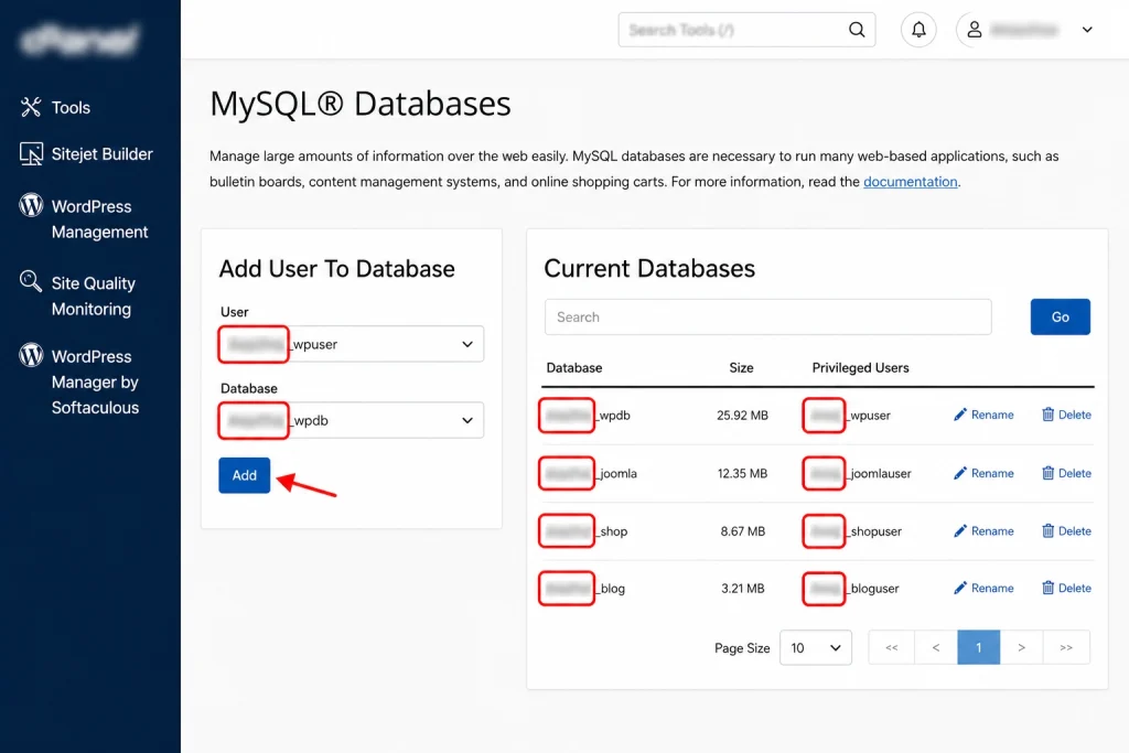 The cPanel MySQL Databases screen showing prefixed database and user names and the Add User To Database step.