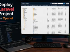 A developer deploying a Laravel application using a hosting file manager and a code editor.