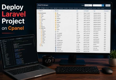 A developer deploying a Laravel application using a hosting file manager and a code editor.