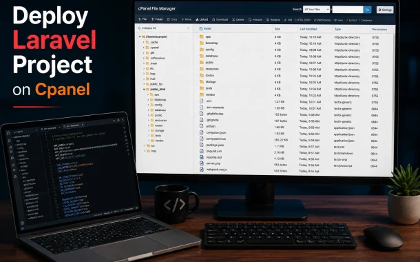 A developer deploying a Laravel application using a hosting file manager and a code editor.