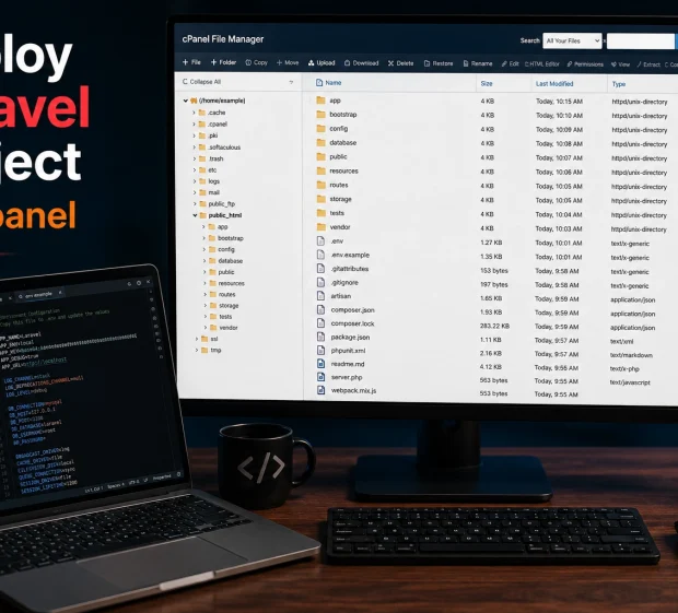 A developer deploying a Laravel application using a hosting file manager and a code editor.