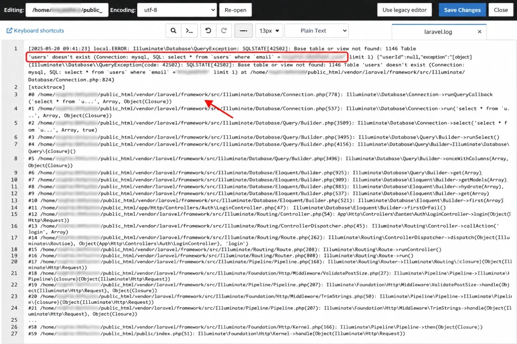 The Laravel log file showing a timestamped exception and stack trace used for safe production debugging.