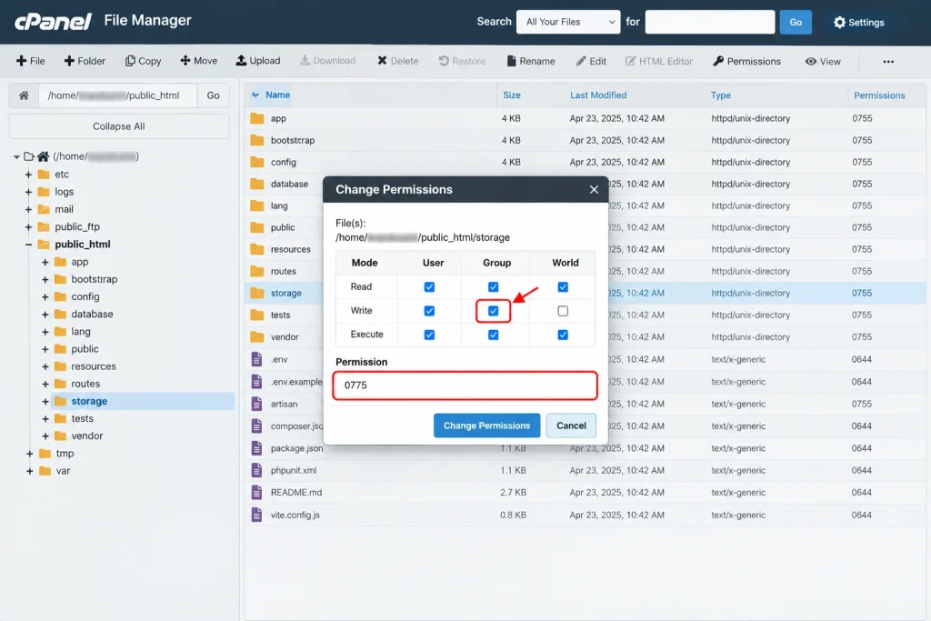 The cPanel File Manager permissions dialog set on a Laravel storage directory.