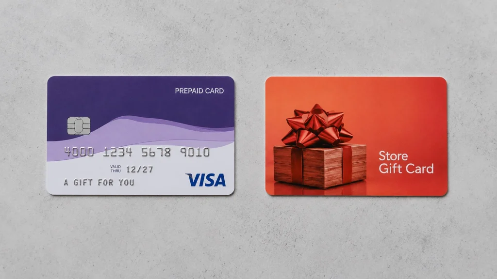 Two prepaid cards side by side showing the difference between an open-loop network card and a closed-loop store gift card for PayPal.