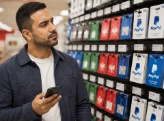 A shopper standing in a store gift card aisle checking a phone while looking for where to buy a PayPal gift card