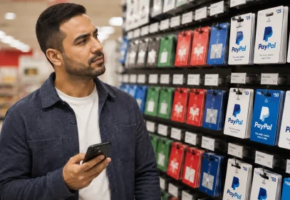 A shopper standing in a store gift card aisle checking a phone while looking for where to buy a PayPal gift card
