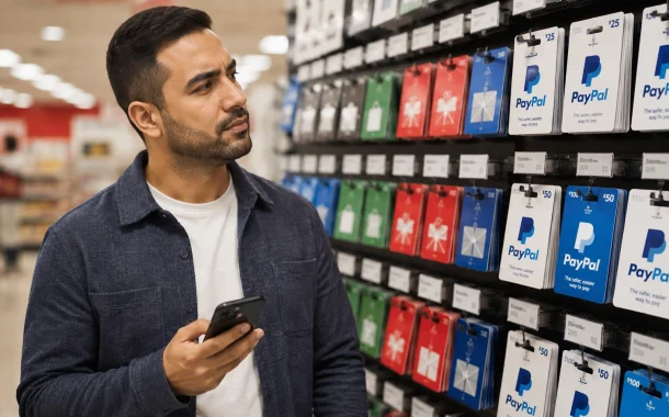 A shopper standing in a store gift card aisle checking a phone while looking for where to buy a PayPal gift card