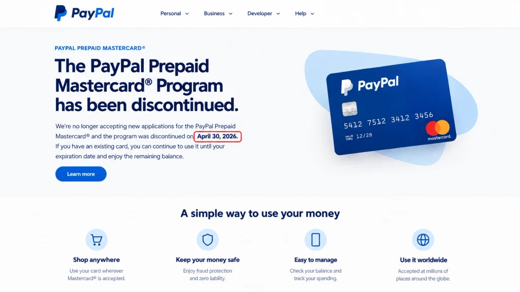 PayPal's official page stating the PayPal Prepaid Mastercard program was discontinued on April 30, 2026.